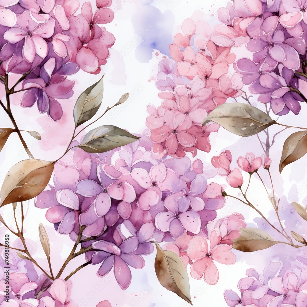 Poster beautiful 3d rendering of fresh lilac blossoms and green leaves against soft purple background