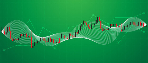 red and black candlestick and line indicators with white line wave in green background