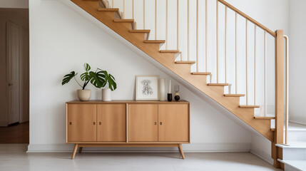 Scandinavian Home Interior with Wooden Staircase and Mid-Century Cabinet Decor