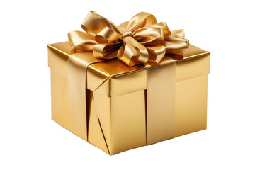 Fototapeta premium Elegant Gold Gift Box With Bow. A gold gift box with a decorative bow sits elegantly on a table. The shiny surface reflects light, creating a luxurious appearance.