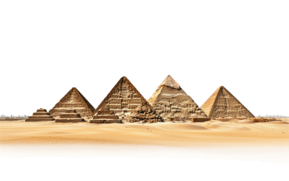 Group of Pyramids in Desert. A cluster of pyramids stands prominently in the vast expanse of a desert landscape. on White or PNG Transparent Background.