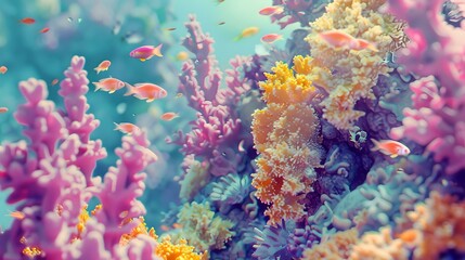 Fototapeta na wymiar Vibrant underwater dreamscape, colorful coral reef teeming with tiny fish, fantasy sea scene evoking wonder, digital artwork for creative use. AI