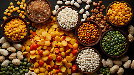Different type of raw dry legumes composition. Mix organic legume concept