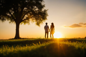 A couple enjoying a happy moment in front of the sunset