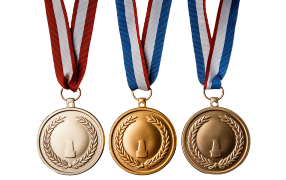 Three Gold Silver and Bronze Medals. Three shiny medals of gold silver and bronze are displayed on a clean white background. The medals are arranged side by side showcasing their distinctive colors.