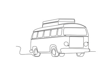 Single continuous line drawing of Car with trunk on roof, road trip concept 