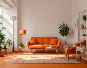modern living room with orange color sofa