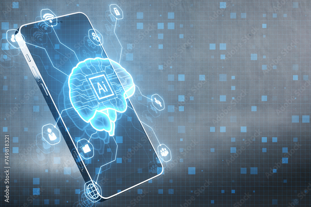 Poster Close up of smartphone with creative glowing digital brain hologram on blurry background. AI and futuristic hud elements. 3D Rendering.