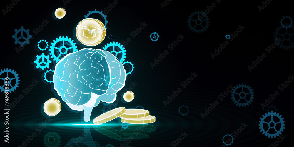 Poster Creative glowing digital brain hologram on blurry backdrop with cogs and coins. AI and futuristic hud elements. 3D Rendering.