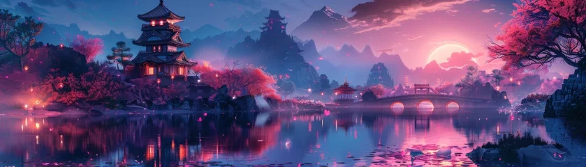 Fotobehang Cyber samurai castle, neon dragons, digital moats, holographic cherry trees © AlexCaelus