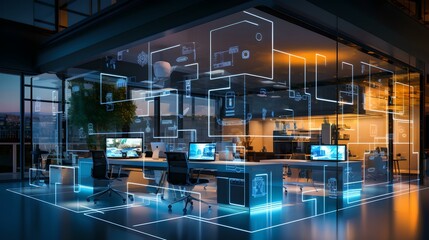 Futuristic office space with high-tech digital interfaces. smart technology in workplace concept. modern office design. AI