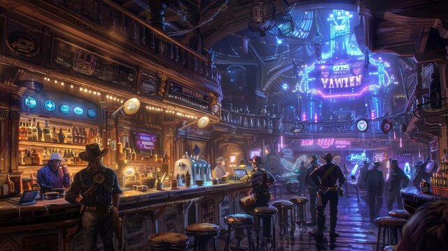 Cybernetic old west town, digital duels, robotic bartenders, neon wanted posters