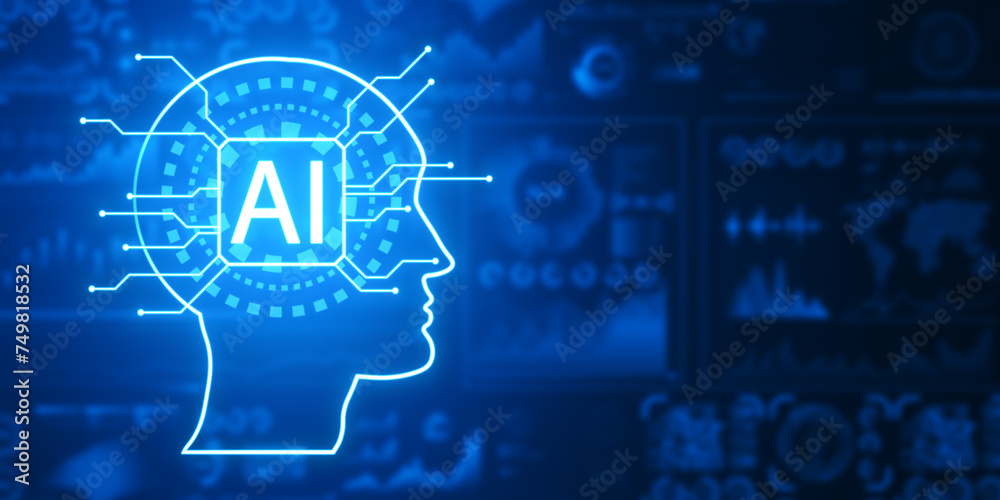 Aufkleber abstract glowing digital brain hologram on blurry background. ai and futuristic hud elements. 3d ren