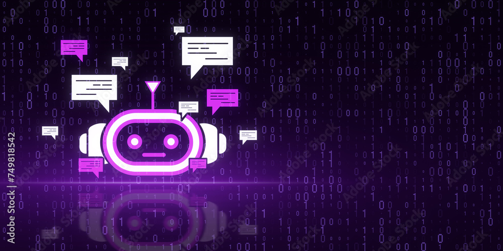 Poster Creative bot hologram on purple binary coding background with mock up place. Chat GPT and customer service concept. 3D Rendering.