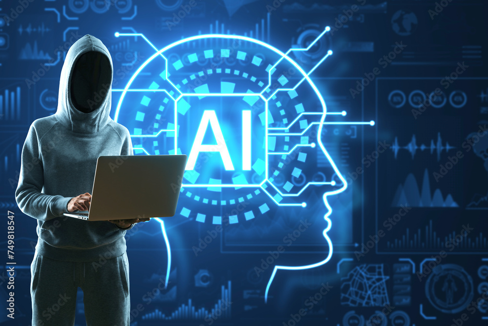 Poster hacker with laptop and creative glowing digital brain hologram on blurry background. ai, hacking and