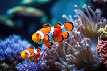 A school of clownfish of vibrant orange-and-white clownfish in a colorful coral reef. cowfishes among coral reefs, Ai generated