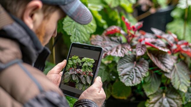 A gardener uses a tablet to take a close-up photo of vibrant plants, blending nature with digital technology.