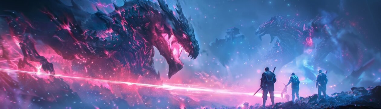 Futuristic knights quest, laser lances, holographic dragons, digital castles