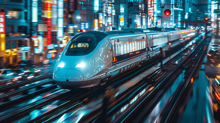 Fototapeta premium High-speed trains pass through communities in major cities as dusk approaches.