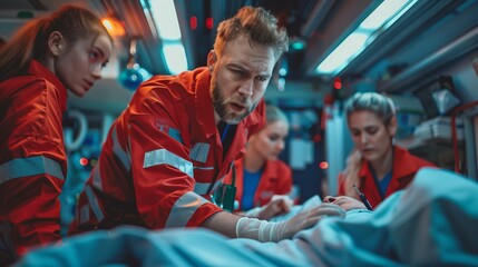 Emergency medical technicians (EMTs) are intently providing life-saving procedures to a patient in the back of an ambulance.