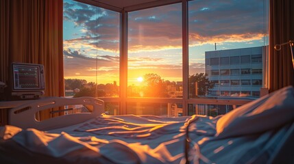 The warm glow of sunset fills a hospital room, highlighting the patient's bed and vital signs monitor.