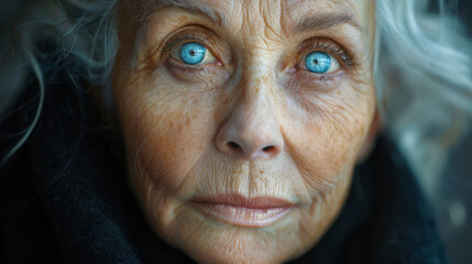Realistic and candid close-up of senior woman face - obrazy, fototapety, plakaty