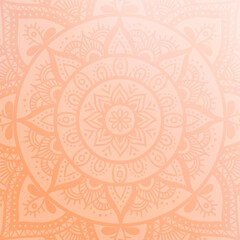 Round mandala on dreamy peach fuzz gradient background. Translucent mesh pattern in the form of a mandala. Mandala with floral patterns. Pastel Yoga template.