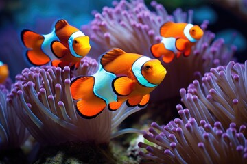 Naklejka na ściany i meble A school of clownfish of vibrant orange-and-white clownfish in a colorful coral reef. cowfishes among coral reefs, Ai generated