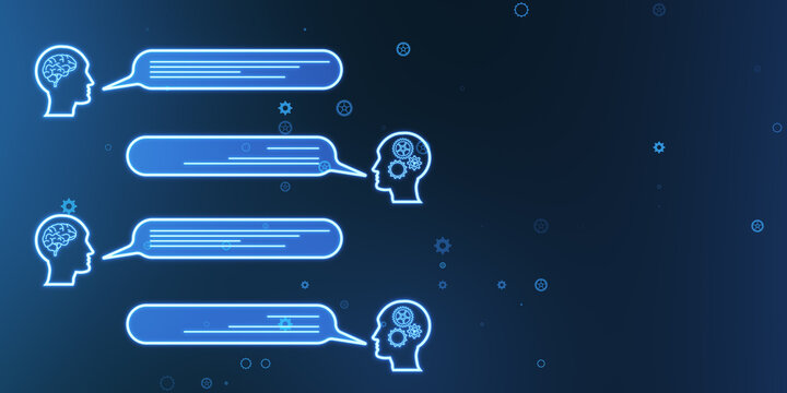 Creative chat GPT hologram with speech bubbles on blurry blue background. AI concept. 3D Rendering.