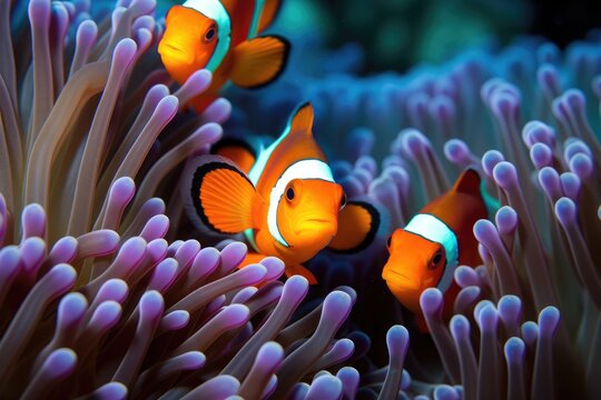 A school of clownfish of vibrant orange-and-white clownfish in a colorful coral reef. cowfishes among coral reefs, Ai generated