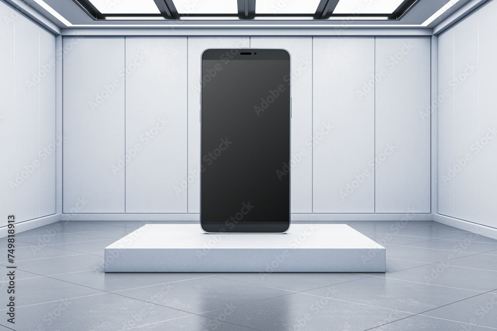Poster Abstract interior with huge mock up smartphone. 3D Rendering.