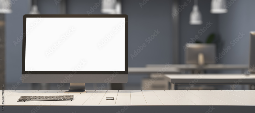 Poster creative designer table with empty white mock up computer display, supplies and blurry office interi