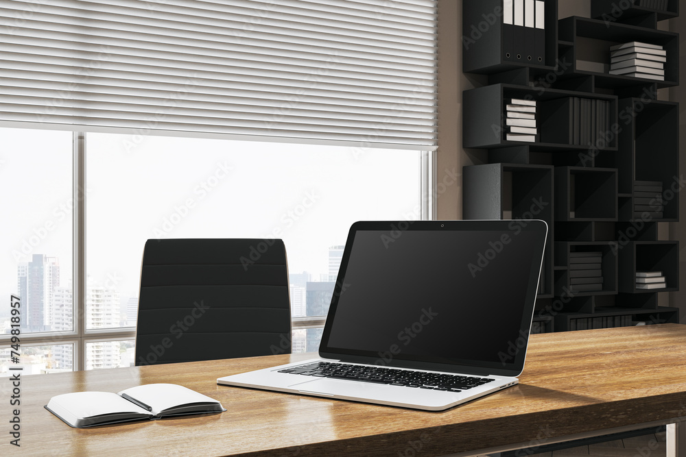 Poster Creative designer desktop with empty mock up laptop, supplies. Window with city view and blinds. 3D Rendering.