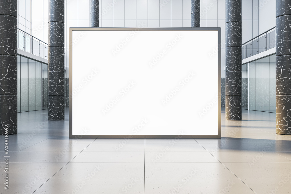 Poster modern empty white banner in interior with glass partitions, columns and concrete flooring. mock up,