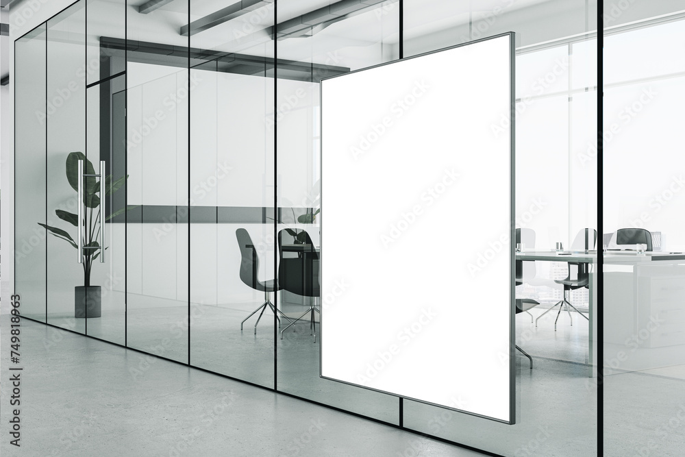 Poster contemporary glass meeting room interior with empty white mock up banner and panoramic window and ci