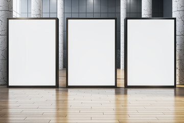 Clean empty white banner in interior with glass partitions, columns and wooden flooring. Mock up,...