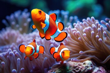 Fototapeta na wymiar A school of clownfish in a colorful coral reef. cute anemone fish playing on the coral reef, just like in Finding Nemo Ai generated