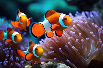 Naklejka na ściany i meble A school of clownfish in a colorful coral reef. cute anemone fish playing on the coral reef, just like in Finding Nemo Ai generated