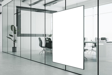 Contemporary glass meeting room interior with empty white mock up banner and panoramic window and city view. 3D Rendering.