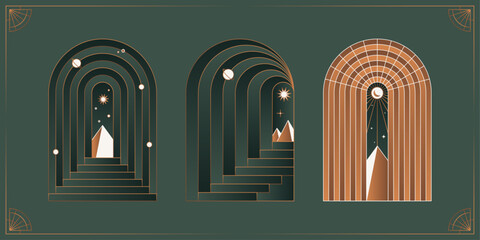 Boho frame arch vector illustration modern minimalistic retro aesthetic linear arc portal logo bohemian design element mystical geometric abstract border