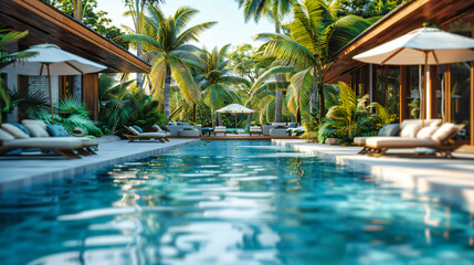 Modern Tropical Retreat: Luxury Villa with Pool, Palm Trees, and Blue Sky