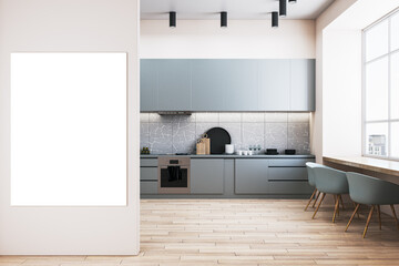 Modern kitchen interior with wooden flooring, blank white mock up banner on wall, window and city view, daylight, furniture and equipment. 3D Rendering.