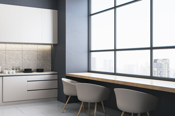 Clean kitchen interior with window and city view, daylight, furniture and equipment. 3D Rendering.