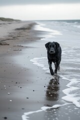 A happy dog is playing and running outdoors on the beach and enjoying nature