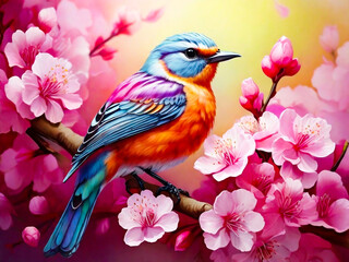 Cute songbird perched on a cherry blossom tree branch beautiful birds with spring illustration