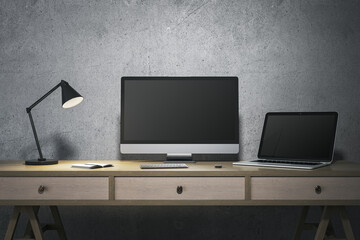 Modern minimalistic designer office interior with blank computer and laptop monitors. Mock up, 3D Rendering.