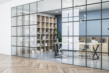 Modern meeting room interior with glass partition, wooden flooring and bookcase. 3D Rendering.