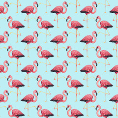 Pink flamingos. Watercolor illustration. seamless pattern on blue background