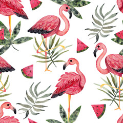 Pink flamingos and palm leaves, watermelon slices. Watercolor illustration. seamless pattern on a light background