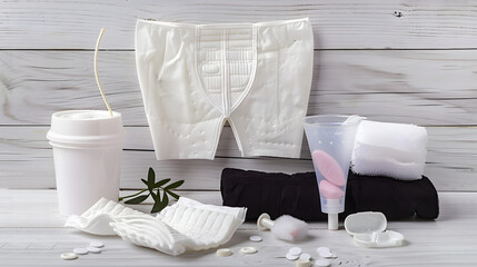 Different types of feminine menstrual hygiene materials products such as pads cloths tampons and cups with underpants. White wooden background